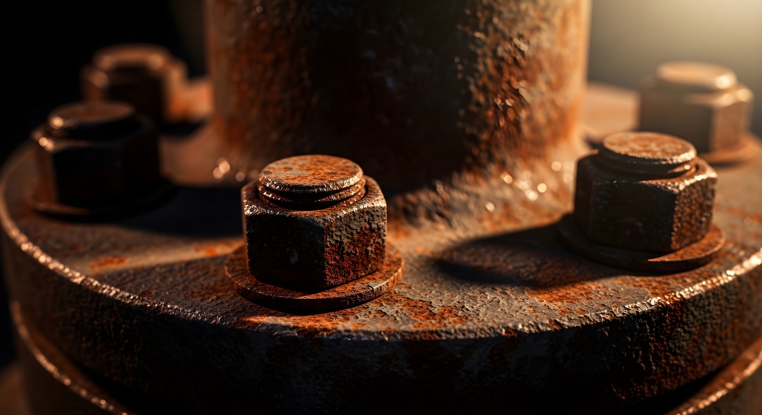 Macro perspective of heavily rusted industrial bolts and nuts on a weathered metal surface, highlighting intricate textures and the natural process of corrosion